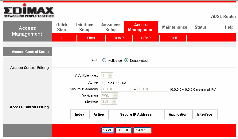 ACL Parametr Parametr ACL Rule Index /Spis Reguł ACL/ Secure IP Address /Bezpieczny Adres IP/ Application /Aplikacja/ Interface /Interfejs/ Opis Aktywuje, bądź dezaktywuje funkcję Kontroli Dostępu.