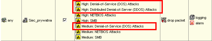 Ochrona przed atakami destrukcyjnymi i destabilizującymi (D)DoS Podstawowa ochrona przed atakami (D)DoS realizowana jest przez mechanizm SYN- Protector.