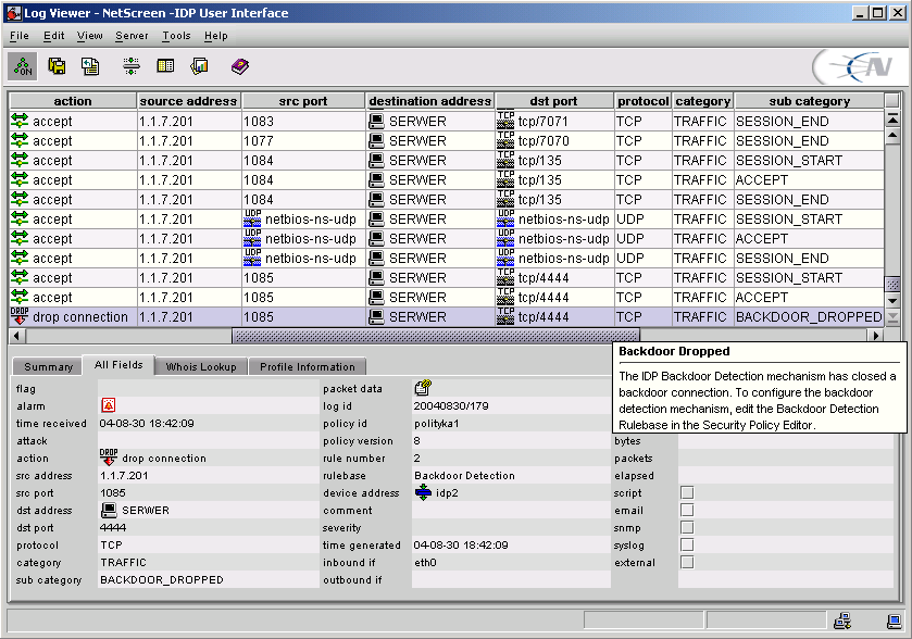 Inną dostępną w systemie zabezpieczeń Juniper NetScreen-IDP metodą wykrywania połączeń z Trojanami jest analiza heurystyczna komunikacji sieciowej.