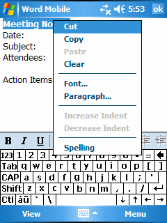 2. Wprowadź tekst. (Aby uzyskać więcej informacji na temat używania Input Panel, zajrzyj do rozdz. 2.8 lub Pomocy Pocket PC.) Kliknij i przytrzymaj rysik, by wyświetlić menu podręczne czynności.