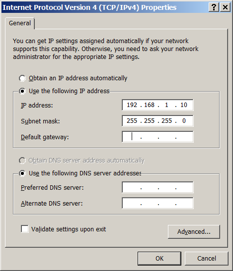 Podłączanie kamery korzystając ze statycznego IP Jeśli w sieci nie znajduje się serwer DHCP, lub kamerze nie udało się otrzymać od niego adresu IP, użytkownik może podłączyć kamerę do komputera przez