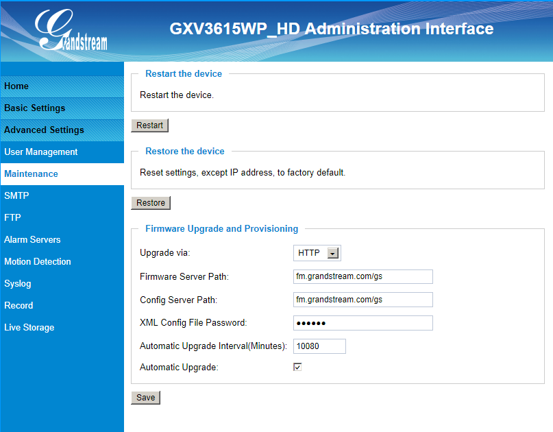 Zakładka konserwacji (Maintenance) Ta strona pozwala użytkownikowi na zarządzanie opcjami konserwacji kamery GXV3615WP_HD: Obrazek 12: Zakładka konserwacji Restart: Uruchamia ponownie kamerę po