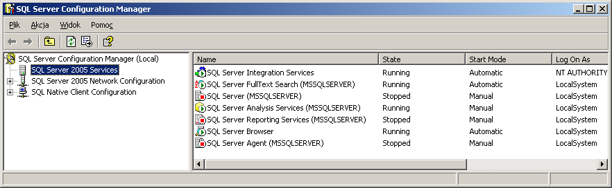 SQL Server Configuration Manager Start Programy MS SQL Server 2005 Configuration