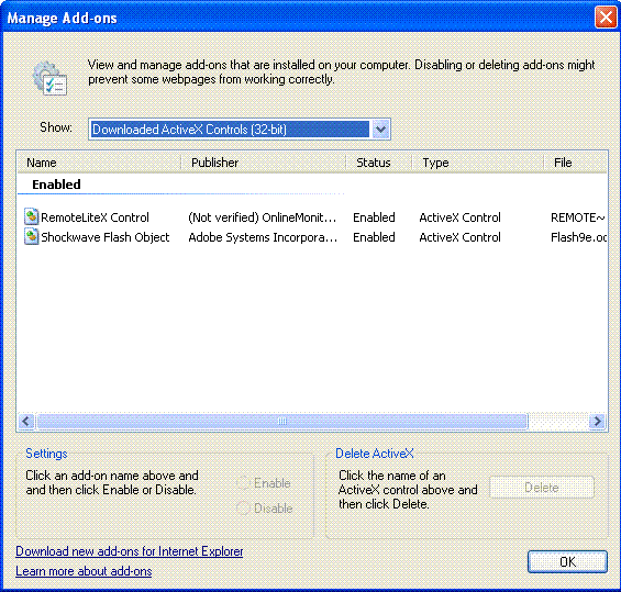 b. Wybieramy zakładkę programy Manage Add_ons c. Wybieramy opcję Downloaded ActiveX Controls,następnie zaznaczamy RemoteLiteX Control, żeby pozbyć się tej wtyczki klikamy usuń (delate) i wciskamy OK.