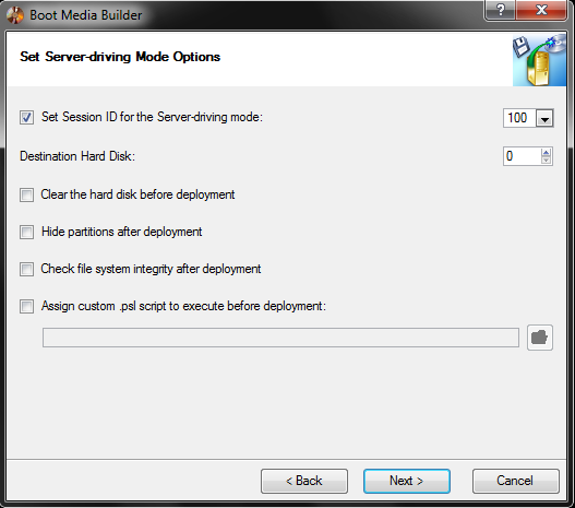 Session ID aby przypisad określonych klientów do wymaganej sesji wdrażania za pomocą identyfikatora. Hard disk to use aby wybrad gdzie wdrożyd obraz kopi zapasowej pojedynczej partycji/dysku twardego.