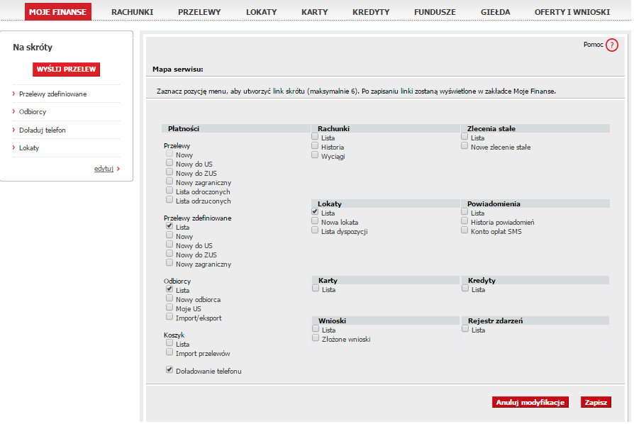 Ponadto, masz możliwość wyboru tych sekcji, które pojawią się w menu Na skróty poprzez kliknięcie na link akcji Edytuj z menu Na