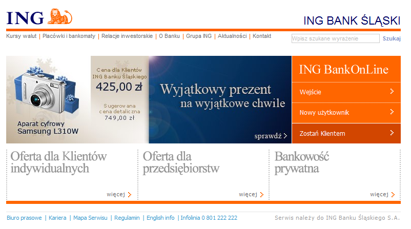 Z kolei na stronie głównej się ING znajdują się wyraźnie zaznaczone, o dużej powierzchni klikalnej, linki prowadzące do poszczególnych kategorii.