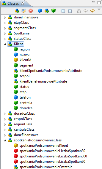ROZDZIAŁ 4. DESIGNER 81 Rysunek 4.12: Widok Classes Explorer sowym. Zawiera on listę klas wraz z ich atrybutami.