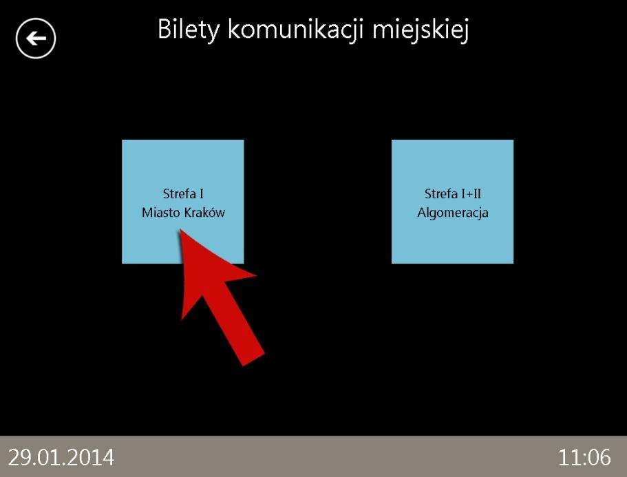 Na głównym wyświetlaczu pojawi się ekran z wyborem między biletami jednorazowymi i wieloprzejazdowymi a Krakowską Kartą Miejską.