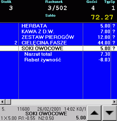 8 Instrukcja użytkownika - GH-POS Po prawej stronie widoczny jest rachunek z wyszczególnieniem pozycji. Posługując się przyciskami przewijania podglądu rachunku można przechodzić z pozycji na pozycję.