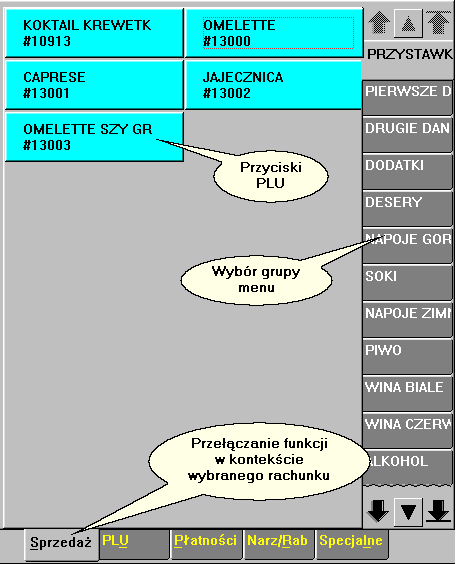 Operacje kasowe Płatności Narz/Rab Specjalne - 2 bieżący rachunek) Przyciski rodzajów płatności Przyciski rabatów i narzutów Zmiana menu / poziomów cenowych / typu sprzedaży W przypadku obsługi z