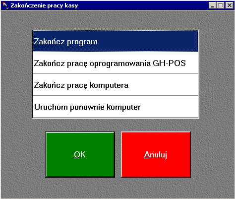 44 Instrukcja użytkownika - GH-POS Podobnie jak w przypadku wejścia, w celu wyjścia z programu kasowego także trzeba posiadać odpowiednie uprawnienia (nadawane w programie POS-Administrator).