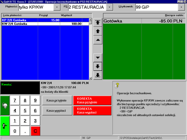 46 3.. Instrukcja użytkownika - GH-POS Dokumenty KP/KW Funkcja pozwala realizować wszelkie wpłaty i wypłaty gotówki na kasie kelnerskiej Mogą to być (przykładowo): - pobrania pewnej kwoty bilonu do