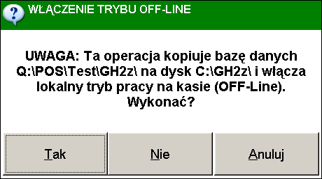 Funkcje dodatkowe 53 Po przełączeniu w tryb OFF-Line system skopiuje na dysk lokalnego komputera całą bazę danych. wczytać asortymenty i parametry sprzedaży z centralnej bazy danych systemu.