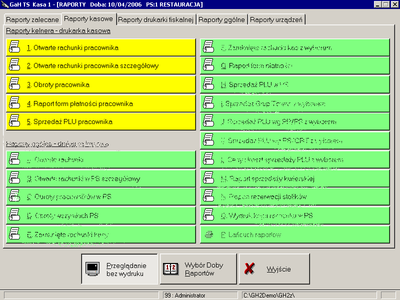 Raporty 4. Raporty kasowe kelnera Raporty kelnerskie drukowane na drukarce kasowej. Otwarte rachunki pracownika Obroty pracownika Raport form płatności pracownika Sprzedaż PLU pracownika 4.