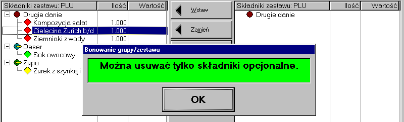 Moduły dodatkowe 85 Barwa punktu obok grup wskazuje na to, czy wśród składników tej grupy są składniki stałe (kolor bordowy), usuwalne (kolor niebieski i strzałka w prawo) czy też wymienialne (kolor