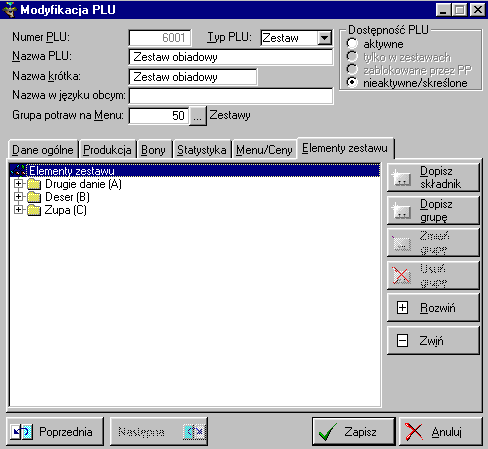 92 5..3 Instrukcja użytkownika - GH-POS Przygotowanie zestawów Przygotowanie zestawów odbywa się w programie POS Administrator w funkcji Przygotowanie -> Produkty (PLU) na zakładce Elementy zestawu,