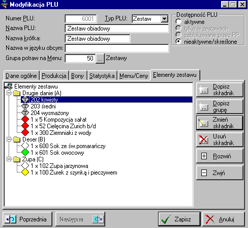 96 5..6 Instrukcja użytkownika - GH-POS Teksty w zestawach - specjalny rodzaj składników Teksty to dodatkowe uwagi odnoszące się do poszczególnych PLU (np. befsztyk może być wysmażony lub krwisty ).