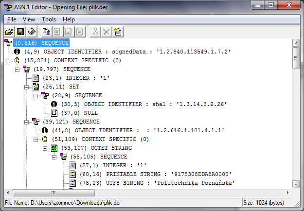 Praca magisterska LESZNER M. ASN.1 Editor [20] Program wyświetlający strukturę danych zapisanych w notacji ASN.1 (dane zapisane w ELS). Funkcjonalność ta została zaimplementowana we wtyczce ASN.