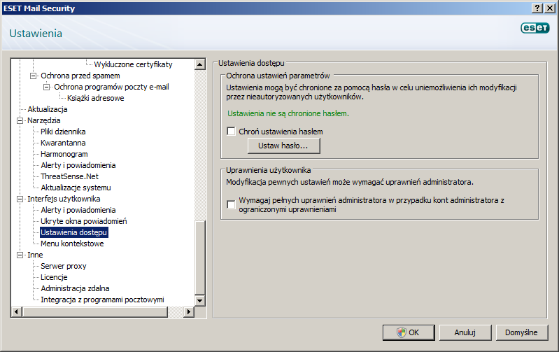 Interfej s użytkownika udostępnia również opcję ochrony hasłem parametrów konfiguracji programu ESET Mail Security. Ta opcja znajduje się w podmenu Ochrona ustawień w menu Interfej s użytkownika.