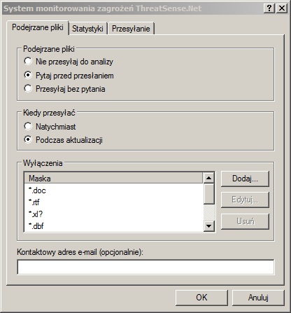 Do konfiguracji systemu ThreatSense.Net można przejść z poziomu drzewa ustawień zaawansowanych, wybierając kolejno opcje Narzędzia > ThreatSense.Net. Należy zaznaczyć opcję Włącz system monitorowania zagrożeń ThreatSense.