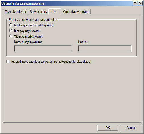 4.2.1.2.3 Połączenie z siecią LAN Na potrzeby pobierania aktualizacji z serwera lokalnego z systemem operacyjnym opartym na systemie Windows NT domyślnie wymagane jest uwierzytelnianie każdego