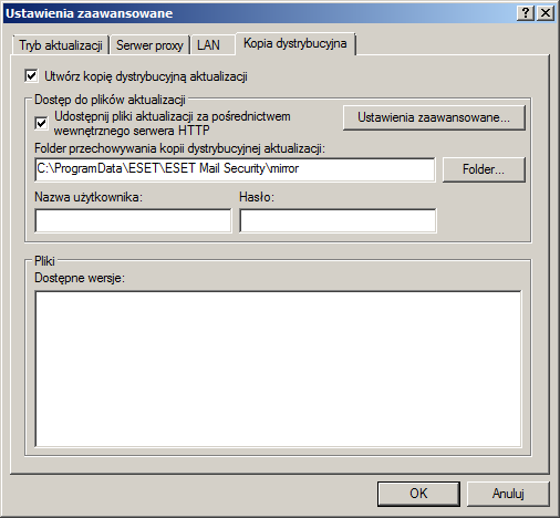 4.2.1.2.4 Tworzenie kopii aktualizacj i kopia dystrybucyj na Program ESET Mail Security pozwala na tworzenie kopii plików aktualizacji, których można używać do aktualizowania innych stacji roboczych