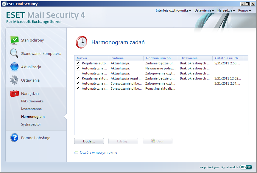 4.3 Harmonogram Harmonogram jest dostępny, gdy w programie ESET Mail Security zostanie włączony tryb zaawansowany.