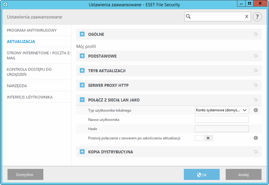 8.2.2.4 Połącz z siecią LAN jako W celu pobrania aktualizacji z serwera lokalnego z systemem operacyjnym Windows w wersji NT domyślnie wymagane jest uwierzytelnianie każdego połączenia sieciowego.