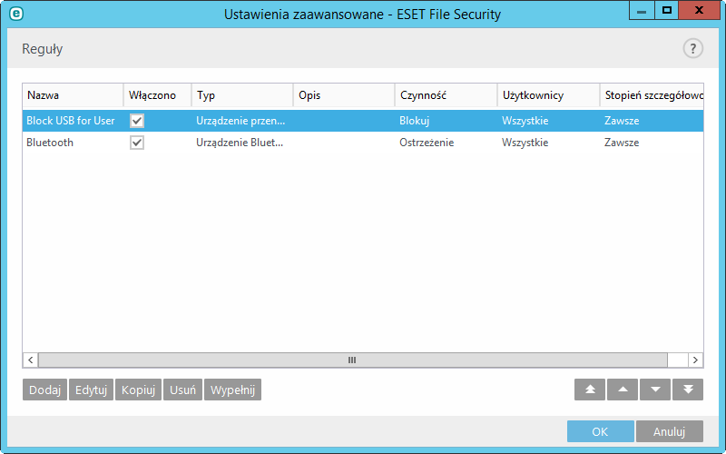 8.2.4 Kontrola dostępu do urządzeń Program ESET File Security udostępnia funkcje automatycznej kontroli korzystania z urządzeń (CD, DVD, USB itd.).