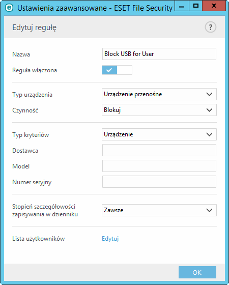 Można dopuszczać lub blokować określone urządzenia na podstawie użytkowników, grup użytkowników lub kilku dodatkowych parametrów, które można określić w konfiguracji reguł.