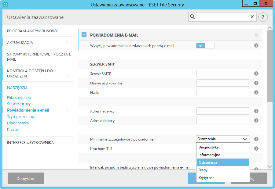 8.2.5.8 Powiadomienia e-mail Program ESET File Security może automatycznie wysyłać powiadomienia e-mail po wystąpieniu zdarzenia o wybranym poziomie szczegółowości.