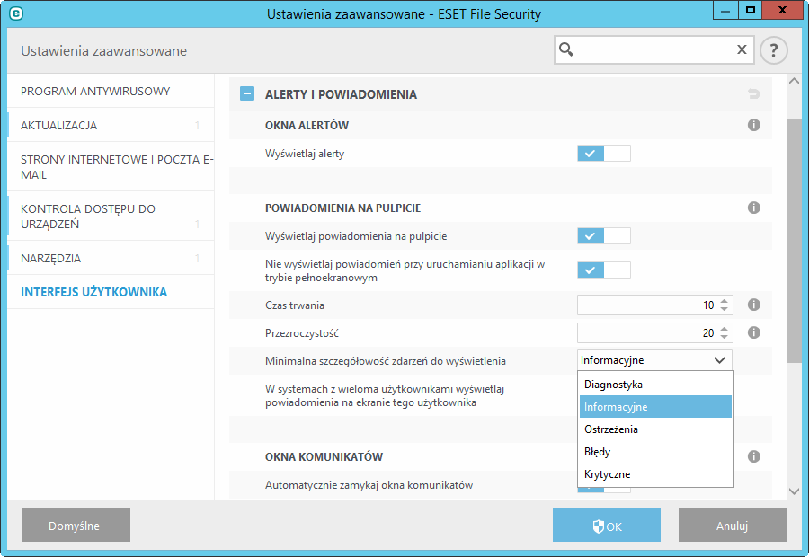 8.2.6.1 Alerty i powiadomienia Sekcja Alerty i powiadomienia w obszarze Interfejs użytkownika umożliwia skonfigurowanie sposobu obsługi alertów o zagrożeniach i powiadomień systemowych (np.