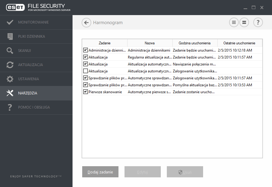 8.4 Harmonogram Opcja Harmonogram znajduje się w menu głównym programu ESET File Security w kategorii Narzędzia.