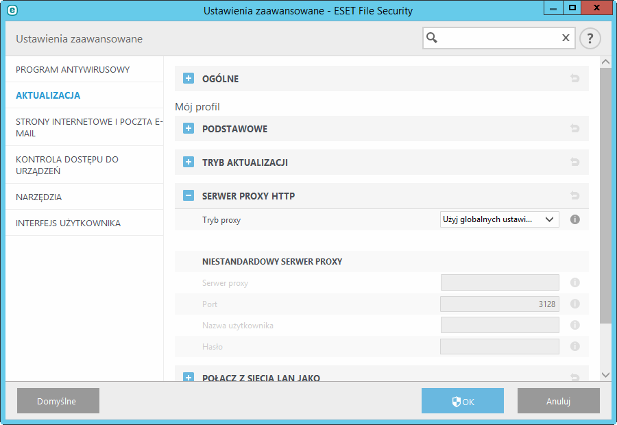 7.3 Ustawienia serwera proxy Jeśli do obsługi połączenia internetowego w systemie z zainstalowanym programem ESET File Security używany jest serwer proxy, konieczne jest skonfigurowanie ustawień