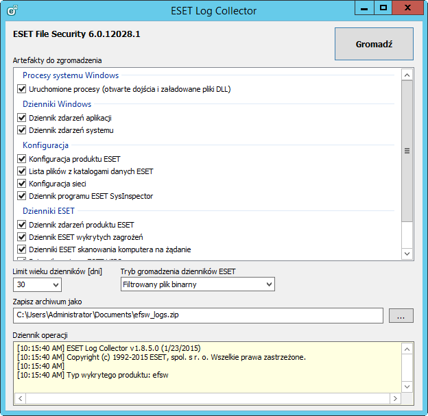 7.7.3 Wybór okresu Należy wybrać miesiąc (i rok), dla którego mają zostać wyświetlone dane na wykresie Działania w systemie plików. 7.7.4 ESET Log Collector ESET Log Collector to aplikacja, która automatycznie gromadzi informacje, takie jak dane konfiguracji i dzienniki z serwera, aby pomóc w szybszym rozwiązywaniu problemów.