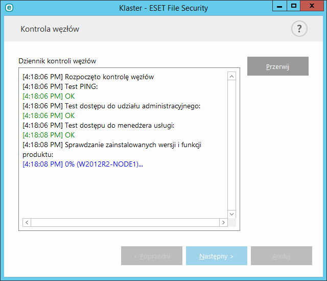8.1.2.3 Kreator konfiguracji klastrów strona 3 Po określeniu szczegółów dotyczących instalacji uruchamiany jest proces kontroli węzła.