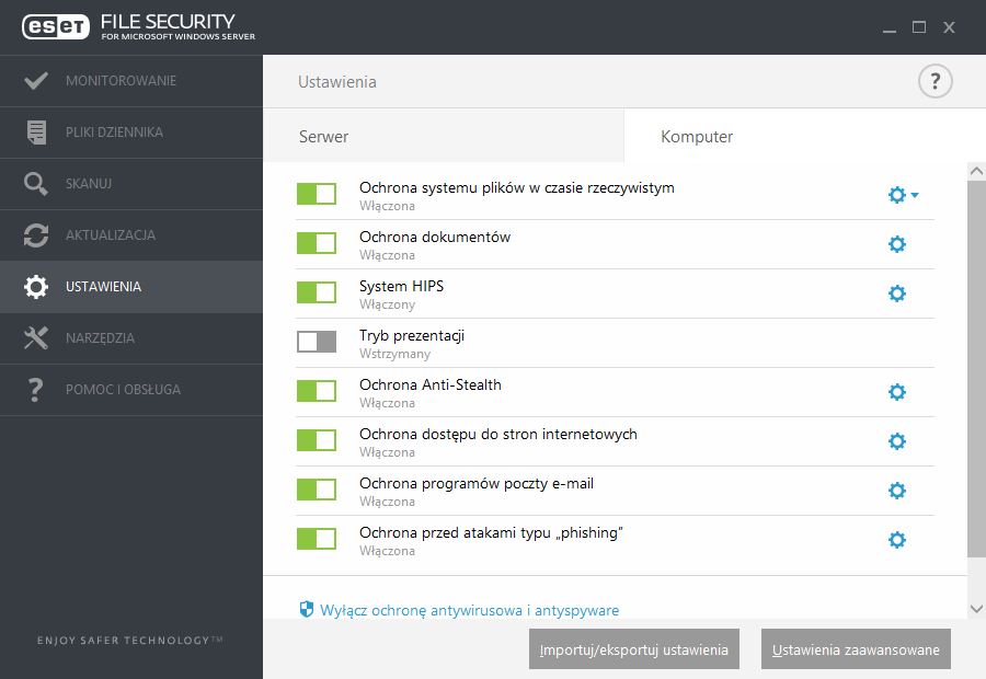 W module Komputer można włączyć lub wyłączyć, a także skonfigurować następujące składniki programu: Ochrona systemu plików w czasie rzeczywistym wszystkie pliki w momencie otwarcia, utworzenia lub