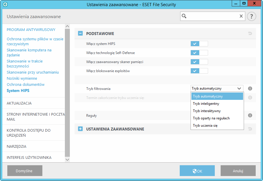 Ustawienia systemu HIPS można znaleźć w obszarze Ustawienia zaawansowane (F5) > Moduł antywirusowy > System HIPS.