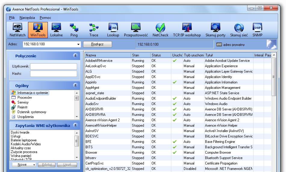 23 Axence NetTools 4 WinTools 4.1 WinTools Narzędzie to ma na celu przedstawianie wyczerpującej informacji o komputerach Windows (za pomocą WMI).