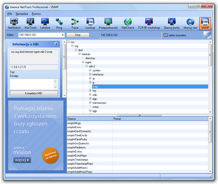 SNMP 6 SNMP 6.1 SNMP 34 Narzędzie SNMP pozwala przeglądać drzewo SNMP OID i odczytywać te informacje z urządzenia.
