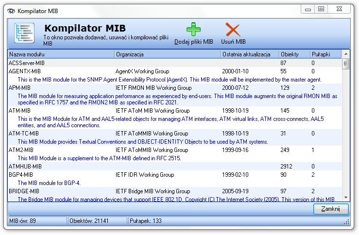 35 Axence NetTools Klikając w przycisk Kompilator MIB możesz dodać nowy obiekt bazy MIB w celu obsługi dowolnych nowych urządzeń SNMP.