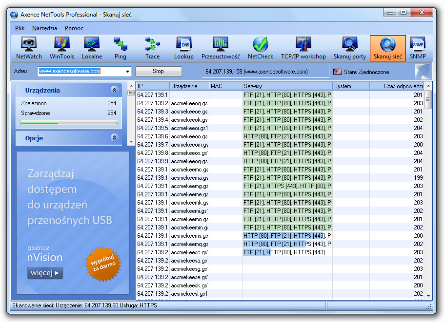 Inne narzędzia 46 zdalnego adresu IP. 7.8 Skaner sieci Narzędzie Skaner sieci pozwala wykryć urządzenia działające w wybranej sieci. Pokazuje ono wszystkie urządzenia oraz serwisy na nich działające.