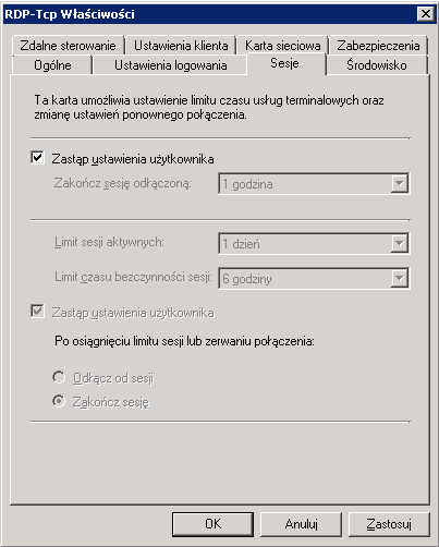 3.3.2 Konfiguracja sesji użytkowników W konfiguracji serwera warto również dbać o to, aby na serwerze nie wisiały nieużywane, rozłączone sesje terminalowe, które zajmują zasoby serwera w