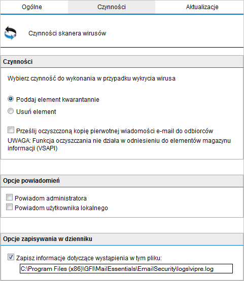 Screenshot 56: Aparat skanowania wirusów: strona konfiguracji (karta Czynności) 3.