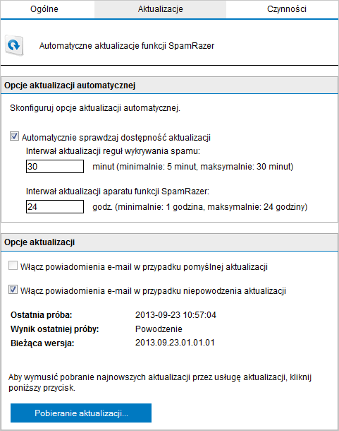 Screenshot 63: Karta Aktualizacje aparatu SpamRazer 3.