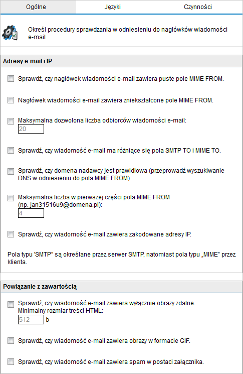 Screenshot 74: Opcje filtru Sprawdzanie nagłówków 2. Włącz, wyłącz lub skonfiguruj następujące parametry: Opcja Sprawdź, czy nagłówek wiadomości e-mail zawiera puste pole MIME FROM.