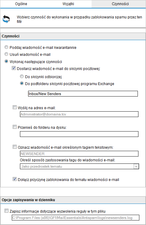 Screenshot 82: Czynności zwalczania spamu Czynność Poddaj wiadomość e- mail kwarantannie Usuń wiadomość e- mail Opis Wiadomości e-mail oznaczone jako spam są zapisywane w magazynie kwarantanny.