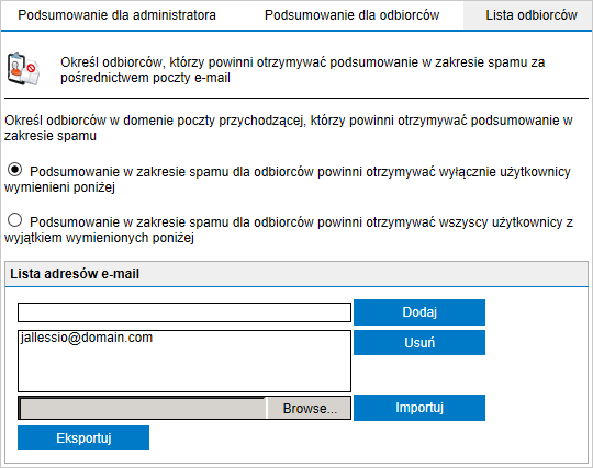 Screenshot 87: Lista odbiorców podsumowania w zakresie spamu 4.