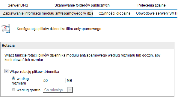 1. Przejdź do obszaru Anti-Spam > Ustawienia funkcji Anti-Spam. Screenshot 88: Rotacja plików dziennika 2.